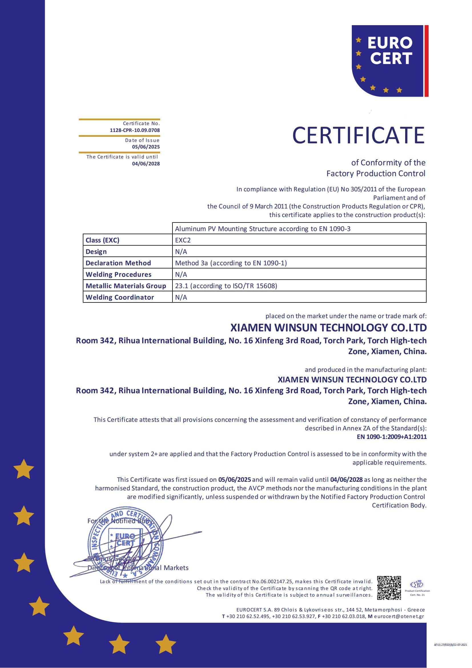 Winsun Solar Mounting Structure CE Certificate (EN 1090-1)